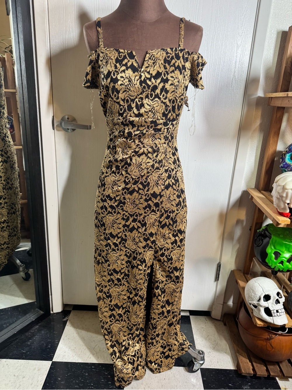 Black & Gold Lace Off-Shoulder Evening Dress
